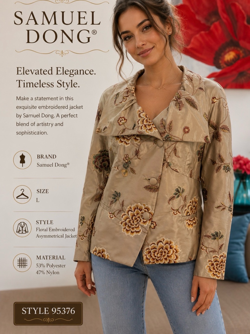 Samuel Dong Tan Floral Embroidered Asymmetrical Blazer